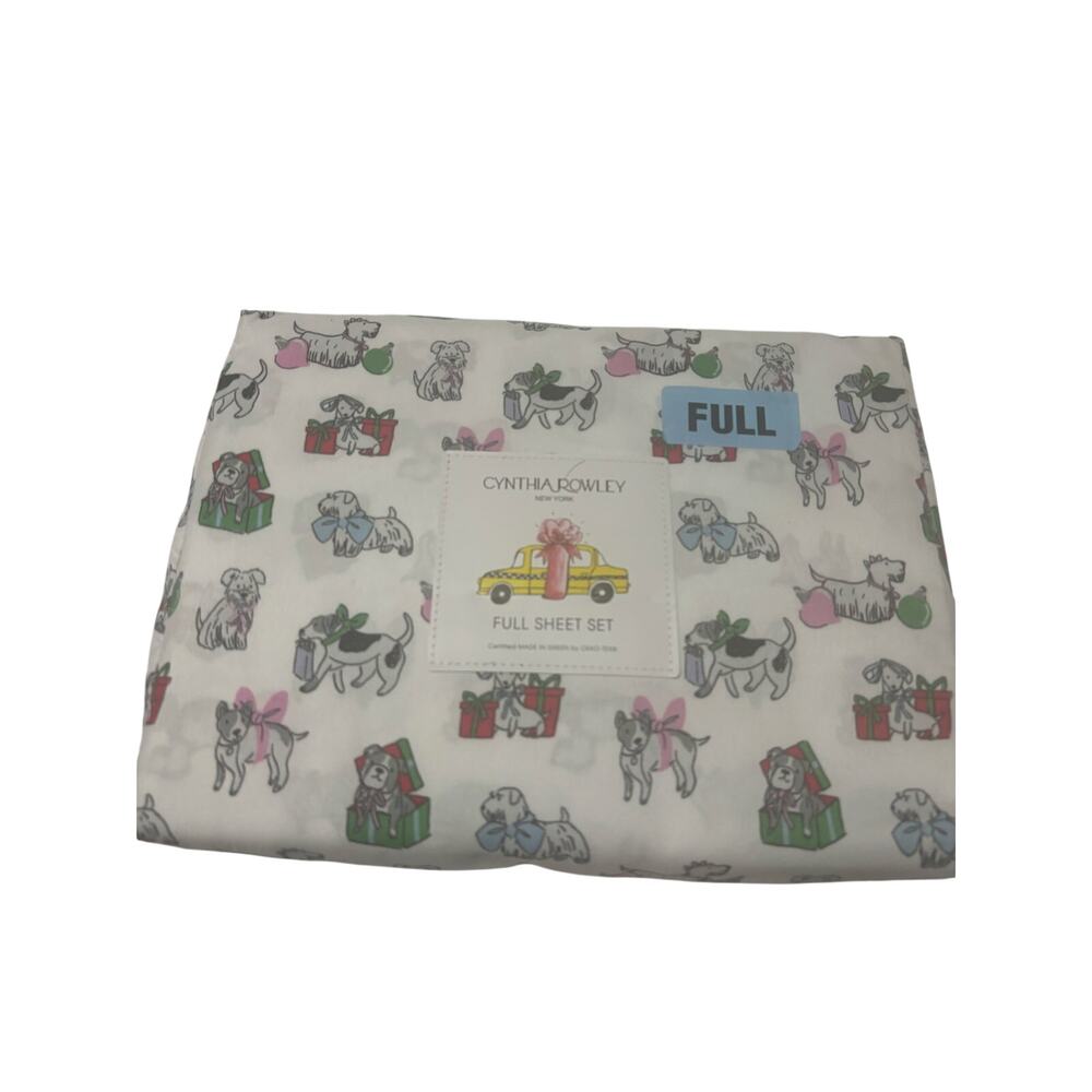 Cynthia rowley full sheets white background Christmas dogs with bows nwt